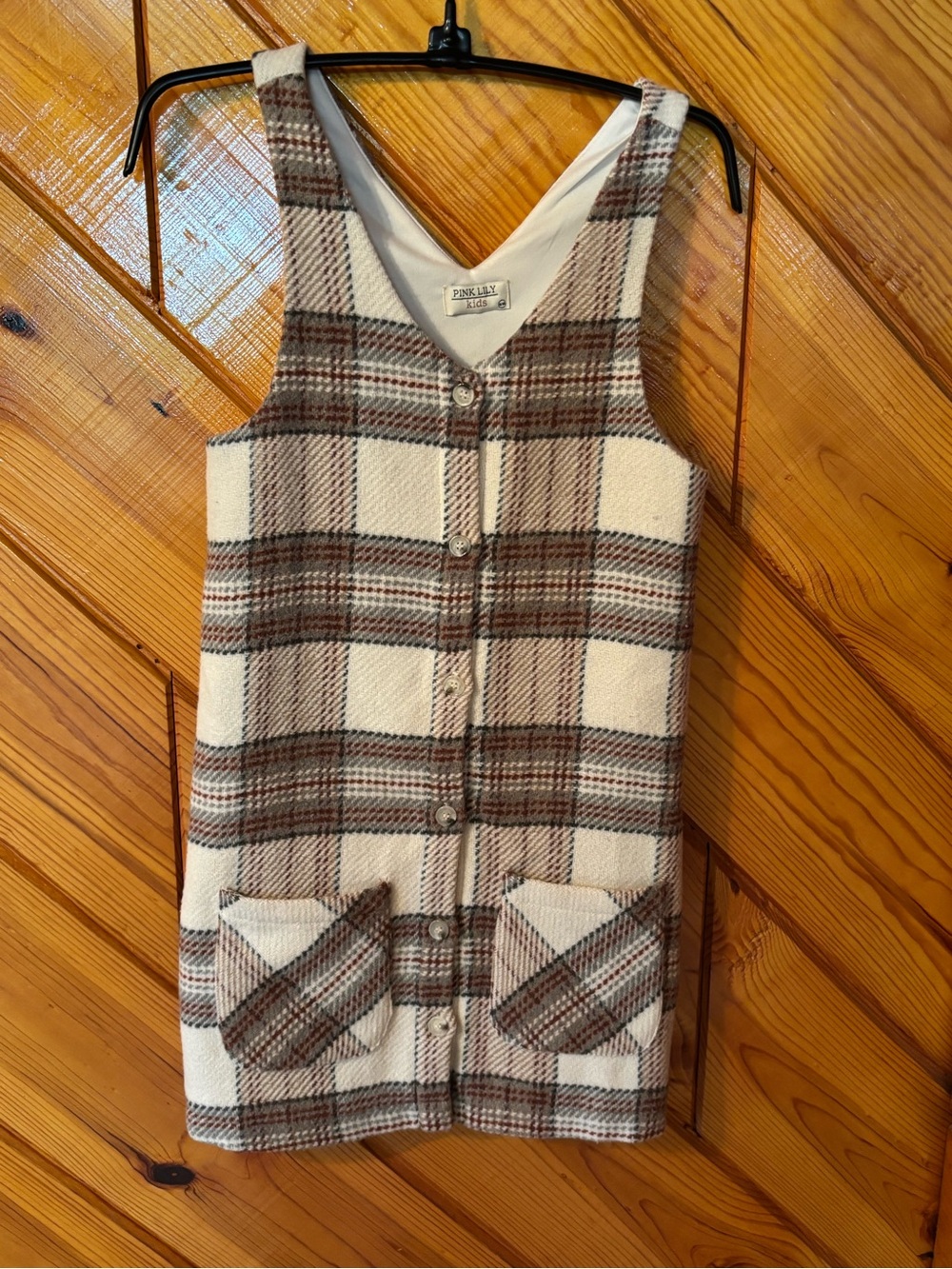 Pink Lily Cream & Brown Plaid Button-Front Pinafore Dress
